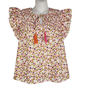THML Womens Blouse Small Smocking Floral Tassel Tie Neck Pink Flutter Sleeve